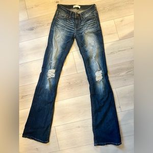 Bke stella low rise extra long bootcut jeans with knee destruction